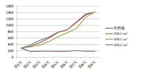 不同能量激光照射下，紅色毛癬菌菌落生長(zhǎng)曲線測(cè)定結(jié)果